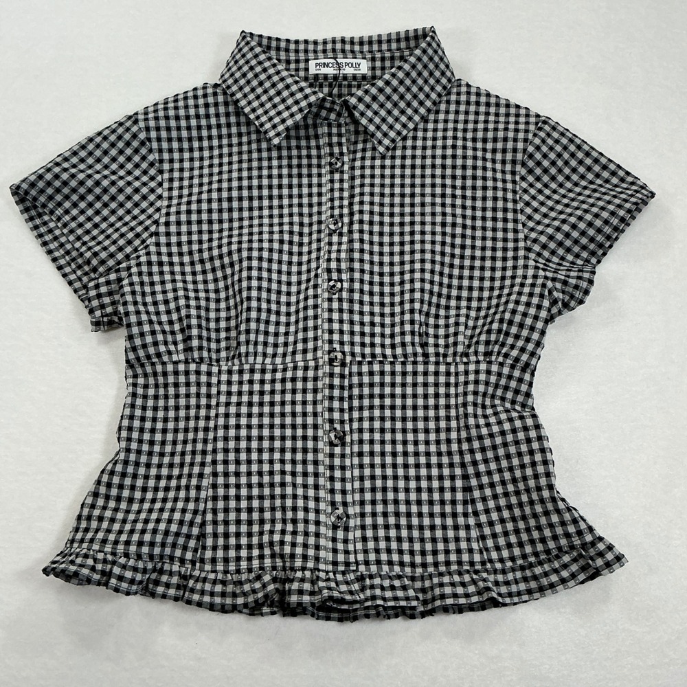 Princess Polly Gingham Smocked Back Ruffle Hem Button Down Top Black White US 6